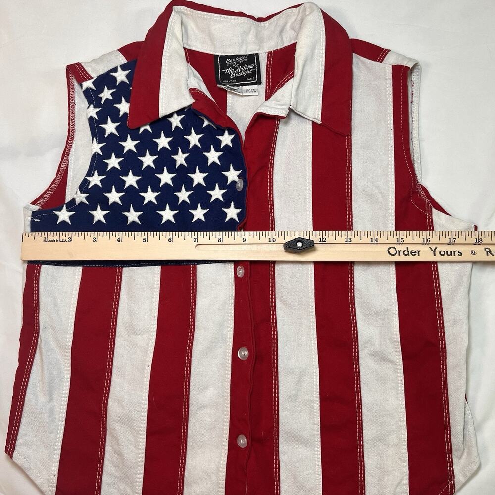 Vintage The Antique Boutique USA Flag Top Size L Stars Stripes Tie Front USA VTG - Picture 5 of 10